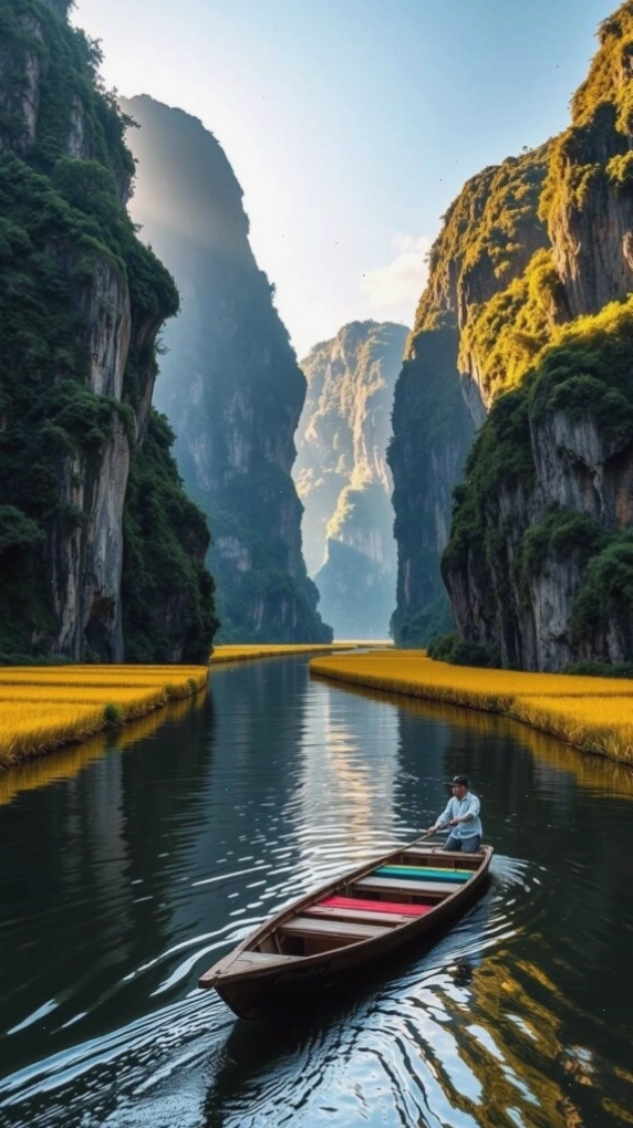 Chiếc thuyền nhỏ trôi giữa hẻm núi và dòng nước tĩnh lặng