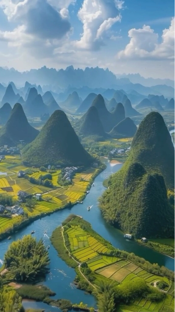Dòng sông uốn lượn qua thung lũng núi đá xanh