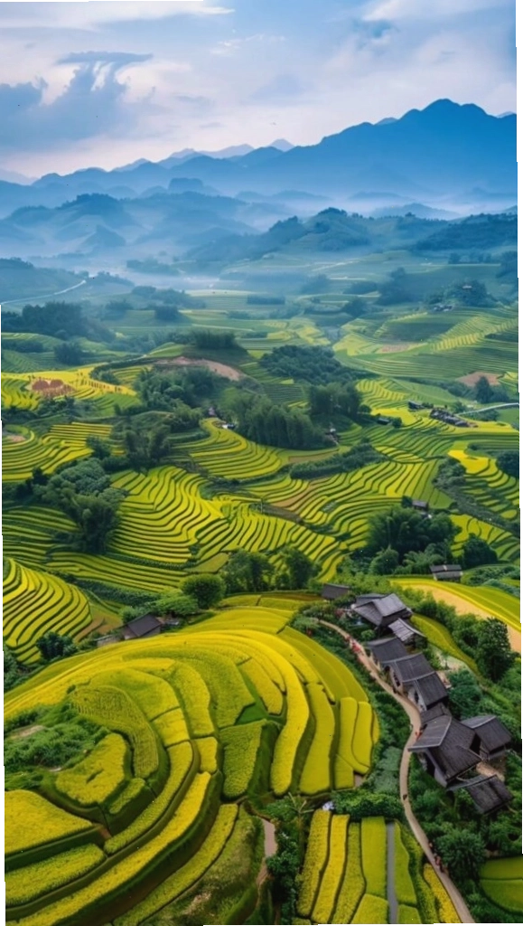 Ruộng bậc thang xanh mướt trải dài giữa núi rừng trùng điệp