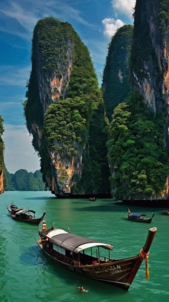 Thuyền gỗ neo bên núi đá vôi giữa làn nước trong xanh